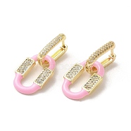 Oval Real 18K Gold Plated Brass Dangle Hoop Earrings, with Cubic Zirconia and Enamel, Pearl Pink, 32.5x15mm(EJEW-L268-041G-01)