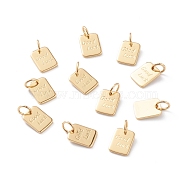 Brass Charms, with Jump Rings, Long-Lasting Plated, Rectangle with Word Good Luck, Real 18K Gold Plated, 9x7x1mm, Jump Ring: 5x1mm, Inner Diameter: 3mm (KK-A149-09G)