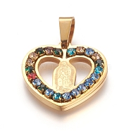 Religion Theme, 304 Stainless Steel Pendants, with Colorful Rhinestone, Heart with Virgin Mary, Golden, 20x20.5x3mm, Hole: 6.5x4mm(STAS-I131-15A-G)