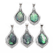 Natural Abalone Shell/Paua Shell Pendants, with Alloy Findings, Brass Snap on Bails and Crystal Rhinestone, Platinum, Dyed, Teardrop, Medium Sea Green, 49x29x5mm, Hole: 6x8mm(PALLOY-N166-004-B01-RS)