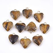 Electroplate Natural Tiger Eye Pendants, with Cadmium Free & Nickel Free & Lead Free Iron Findings, Faceted, Heart, Golden, 16~17x14~15x6~7mm, Hole: 1.8mm(X-G-T112-03E)