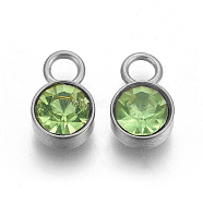 Glass Rhinestone Charms, Birthstone Charms, with Stainless Steel Color Tone 201 Stainless Steel Findings, Flat Round, Peridot, 10x6x5mm, Hole: 2mm(STAS-F189-P02)