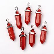 Natural Red Jasper Double Terminated Pointed Pendants, with Random Alloy Pendant Hexagon Bead Cap Bails, Bullet, Platinum, 36~45x12mm, Hole: 3x5mm, Gemstone: 10mm in diameter(G-F295-04D)