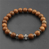 Wood & Alloy Beaded Stretch Bracelet, Cross, 6-3/4~7-1/2 inch(17~19cm)(WG20019-03)