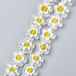 Handmade Millefiori Glass Bead Strands, Flower, White, 10~12x4mm, Hole: 1mm, about 35~38pcs/strand, 16 inch(LAMP-J035-10mm-02)
