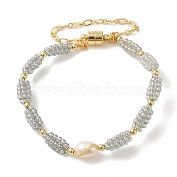 Natural Pearl & Glass Beaded Link Bracelets, Brass Wire Wrapped Bracelet with Magnetic Clasps, Real 14K Gold Plated, Inner Diameter: 2 inch(5.1cm)(BJEW-C051-42G)