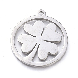 304 Stainless Steel Pendants, Manual Polishing, Ring with Clover, Stainless Steel Color, 28.5x25.5x1.5mm, Hole: 2mm(STAS-L245-018P)