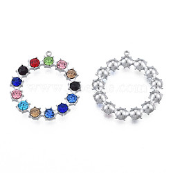304 Stainless Steel Pendants, with Colorful Rhinestone, Ring, Stainless Steel Color, 30x28x4mm, Hole: 1.4mm(STAS-N098-161P)