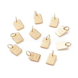Brass Charms, with Jump Rings, Long-Lasting Plated, Rectangle with Word Good Luck, Real 18K Gold Plated, 9x7x1mm, Jump Ring: 5x1mm, Inner Diameter: 3mm (KK-A149-09G)