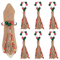 Christmas Theme Wood Beaded Napkin Ring, with Jute Tassel, Napkin Holder Ornament, for Place Settings, Wedding & Party Decoration, Colorful, 200~210mm, 6pcs/set(AJEW-AB00034)