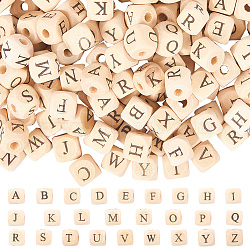 260Pcs Printed Natural Wood Beads, Horizontal Hole, Cube with Initial Letter, PapayaWhip, Letter, 10x10x10mm, Hole: 3.5mm, about 260pcs/set(WOOD-SP0001-41)