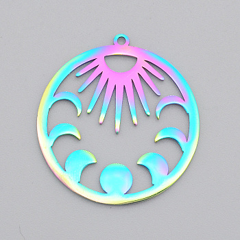 Ion Plating(IP) 201 Stainless Steel Pendants, Laser Cut, Moon Phase Charms, Rainbow Color, 30x28x1mm, Hole: 1.4mm