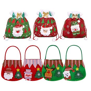 7Pcs 7 Style Christmas Non-woven Fabrics Candy Bags Decorations, with Handle, for Christmas Party Snack Gift Ornaments, Mixed Patterns, 1pcs/style