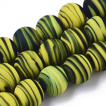 Handmade Frosted Lampwork Beads Strands, Stripe Beads, Round, Yellow Green, 11~12x10.5~11.5mm, Hole: 1.4mm, about 45pcs/Strand, 19.29 inch