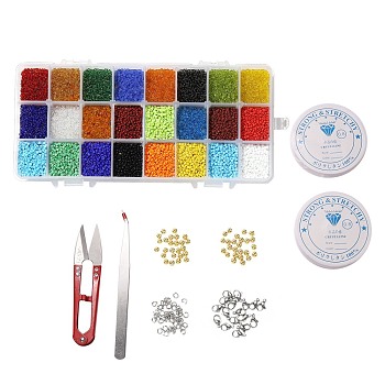 DIY Stretch Jewelry Sets Kits, include Glass Seed Beads, Stainless Steel Needles & Scissors & Beading Tweezers & Lobster Claw Clasps, Alloy Spacer Beads, Mixed Color, Seed Beads: 2mm, Hole: 1mm, about 32000pcs/box