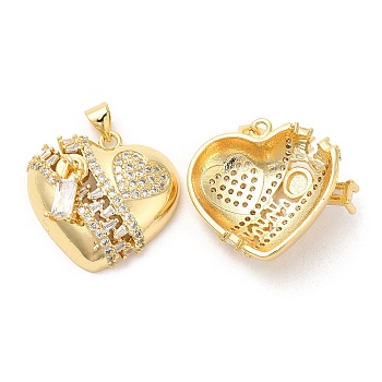 Rack Plating Brass Pendants, with Cubic Zirconia, Heart, Real 16K Gold Plated, 23.5x24x10mm, Hole: 4x3.5mm