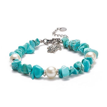 Synthetic Turquoise(Dyed) Chips & Imitation Pearl Beaded Bracelet with Alloy Turtle Charm, Gemstone Jewelry for Women, 7-1/2 inch(19cm)