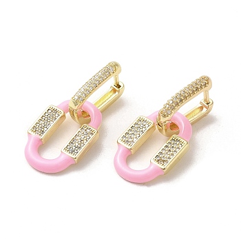 Oval Real 18K Gold Plated Brass Dangle Hoop Earrings, with Cubic Zirconia and Enamel, Pearl Pink, 32.5x15mm