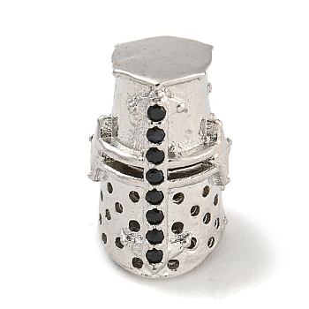 Brass Micro Pave Black Cubic Zirconia Beads, Helmet, Platinum, 13.5x9x10.5mm, Hole: 2mm