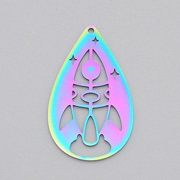Ion Plating(IP) 201 Stainless Steel Pendants, Laser Cut, Teardrop with Rocket, Rainbow Color, 36x22x1mm, Hole: 1.6mm