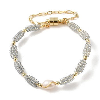 Natural Pearl & Glass Beaded Link Bracelets, Brass Wire Wrapped Bracelet with Magnetic Clasps, Real 14K Gold Plated, Inner Diameter: 2 inch(5.1cm)