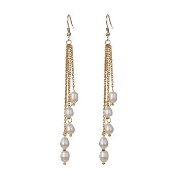 Natural Pearl Beads Dangle Earrings, 304 Stainless Steel Chains Tassel Earrings, Golden, 104mm