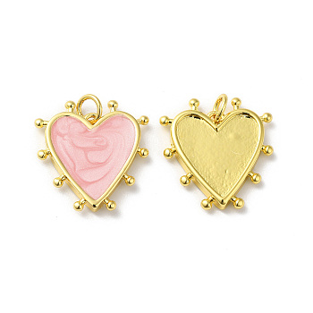 Rack Plating Brass Enamel Pendants, with Jump Ring, Lead Free & Cadmium Free, Heart Charm, Real 18K Gold Plated, Misty Rose, 19x18x3mm, Hole: 3.5mm
