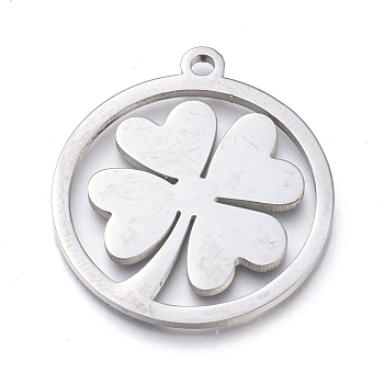 304 Stainless Steel Pendants, Manual Polishing, Ring with Clover, Stainless Steel Color, 28.5x25.5x1.5mm, Hole: 2mm
