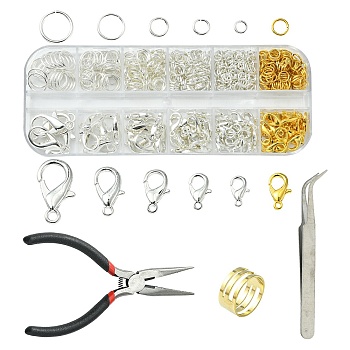 70Pcs 6 Style Zinc Alloy Lobster Claw Clasps, with 468Pcs Iron Open Jump Rings, Pliers, 1Pc Brass Rings, Tweezers, Golden & Silver, 10~21x6~12mm, Hole: 1~2mm