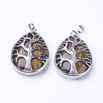 Natural Tiger Eye Pendants, with Brass Findings, teardrop, Platinum, 39x26x7~9mm, Hole: 5x7mm