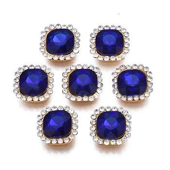 Sew on Rhinestone, Transparent Glass Rhinestone, with Iron Prong Settings, Faceted, Square, Dark Blue, 14x14x6mm, Hole: 1.4mm