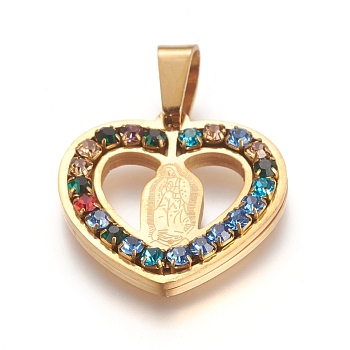Religion Theme, 304 Stainless Steel Pendants, with Colorful Rhinestone, Heart with Virgin Mary, Golden, 20x20.5x3mm, Hole: 6.5x4mm