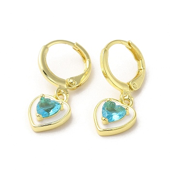 Heart Real 18K Gold Plated Brass Dangle Leverback Earrings, with Enamel and Glass, Sky Blue, 23.5x9mm