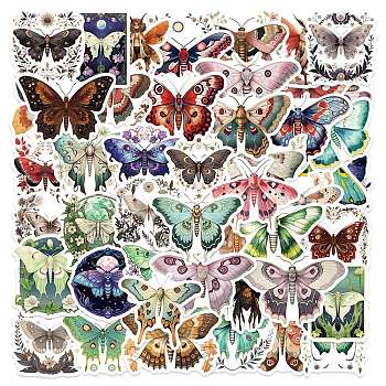 50Pcs Moth PVC Self Adhesive Cartoon Stickers, Waterproof Insect Decals for Laptop, Bottle, Luggage Decor, Mixed Color, 36.5~47.5x56.5~70.5x0.2mm
