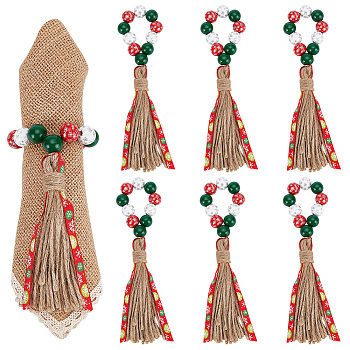 Christmas Theme Wood Beaded Napkin Ring, with Jute Tassel, Napkin Holder Ornament, for Place Settings, Wedding & Party Decoration, Colorful, 200~210mm, 6pcs/set