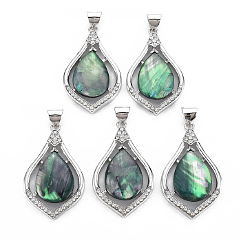 Natural Abalone Shell/Paua Shell Pendants, with Alloy Findings, Brass Snap on Bails and Crystal Rhinestone, Platinum, Dyed, Teardrop, Medium Sea Green, 49x29x5mm, Hole: 6x8mm