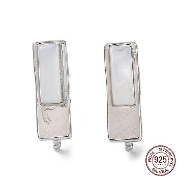 Rhodium Plated 925 Sterling Silver Stud Earring Findings, with Shell, for Half Drilled Pearl Beads, Rectangle, Real Platinum Plated, 9.5x3mm, Pin: 0.7mm & 0.8mm