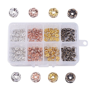 Brass Rhinestone Spacer Beads, Grade AAA, Wavy & Straight Flange, Silver Metal Color, Rondelle, Mixed Color, 6x3mm, Hole: 1mm, about 25pcs/compartment, 200pcs/box