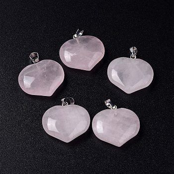 Natural Rose Quartz Pendants, Love Heart Charms, with Platinum Tone Brass Snap on Bails, 24~25.5x25x9.5~10mm, Hole: 8x2.8mm