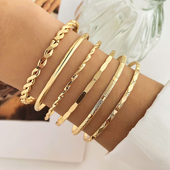 6Pcs 6 Styles Alloy Bangles, Stackable Bangle Set for Women, Golden, Diameter: 67~71mm