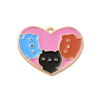 Alloy Enamel Pendants, Light Gold, Heart with Cat Charm, Pink, 20x26x1mm, Hole: 2mm