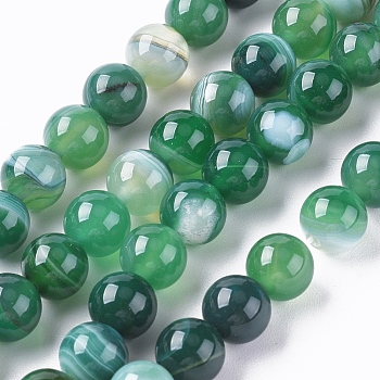 Natural Striped Agate/Banded Agate Beads Strands, Dyed & Heated, Round, Green, 8mm, Hole: 1.2mm, about 47pcs/strand, 14.96 inch(38cm)