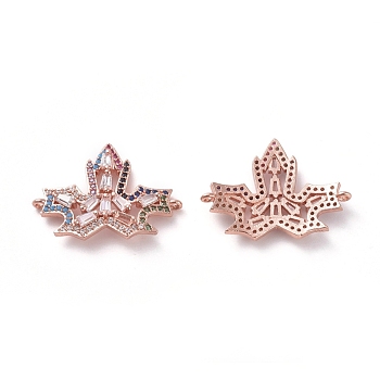 Autumn Theme Brass Micro Pave Cubic Zirconia Links connectors, Maple Leaf, Colorful, Rose Gold, 19x26x3mm, Hole: 0.8mm