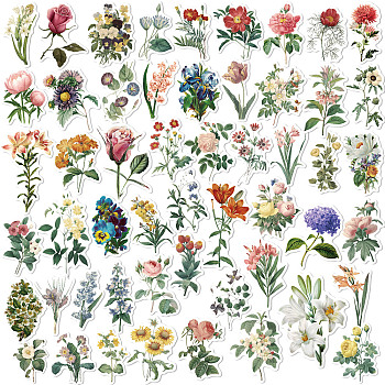 PVC Self-Adhesive Floral Stickers, Waterproof Flower Decals for Party Decorative Presents, Kid's Art Craft, Mixed Color, Package Size: 105x90mm, 50pcs/set