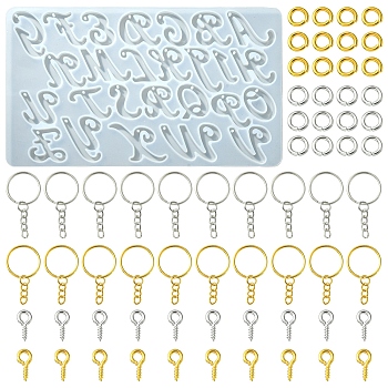 DIY Keychain Making Kits, Inlcluding Alphabet Pendant Silicone Molds, Iron Split Key Rings & Screw Eye Pin Peg Bails, Brass Open Jump Ring, Platinum & Golden, 155x90x6mm