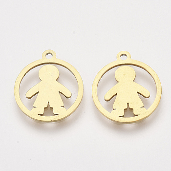 201 Stainless Steel Pendants, Laser Cut Pendants, Flat Round with Boy, Golden, 17x15x1mm, Hole: 1.4mm