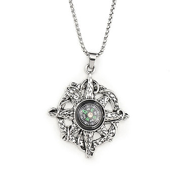 201 Stainless Steel Chain, Zinc Alloy and Glass Pendant Necklaces, Devil Compass , Antique Silver & Stainless Steel Color, 23.50 inch(59.7cm)