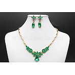 Horse Eye & Leaf & Teardrop Alloy Rhinestone Pendant Necklaces & Stud Dangle Earrings Sets, Golden, Fern Green, 400mm(FS-WG3720E-01)