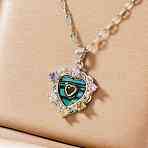 Brass Colorful Cubic Zirconia Heart-shaped Pendant Necklaces, with Paua Shell, Platinum, 15.75 inch(40cm)(PR0180-2)