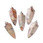 Natural Regalite/Imperial Jasper/Sea Sediment Jasper Pendants, Impression Jasper with Platinum Tone Brass Findings, Shield, Bisque, 50x18x5.5mm, Hole: 1.5mm(G-E572-08B)